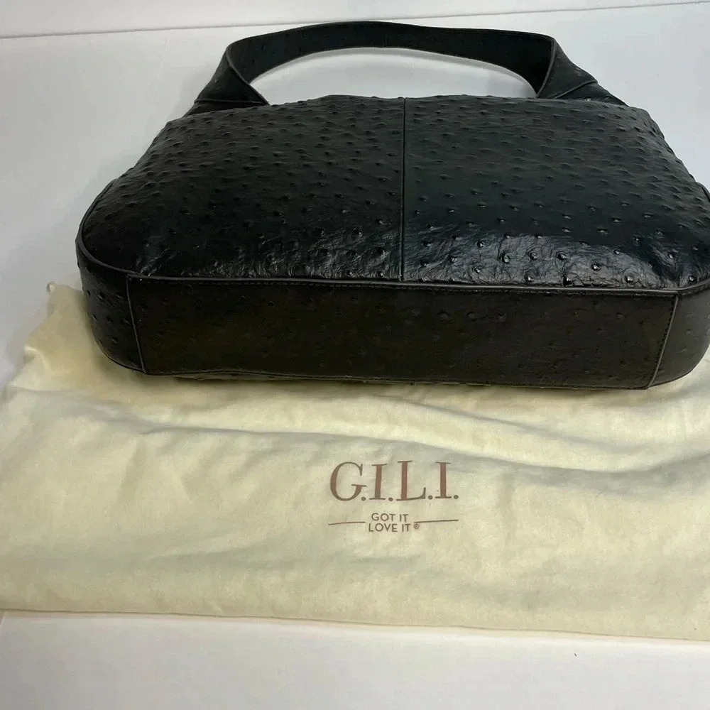 GILI Ostrich Leather Hobo Bag Stirrup Black NWOT Dust bag Shoulder Purse Handbag - Picture 5 of 8